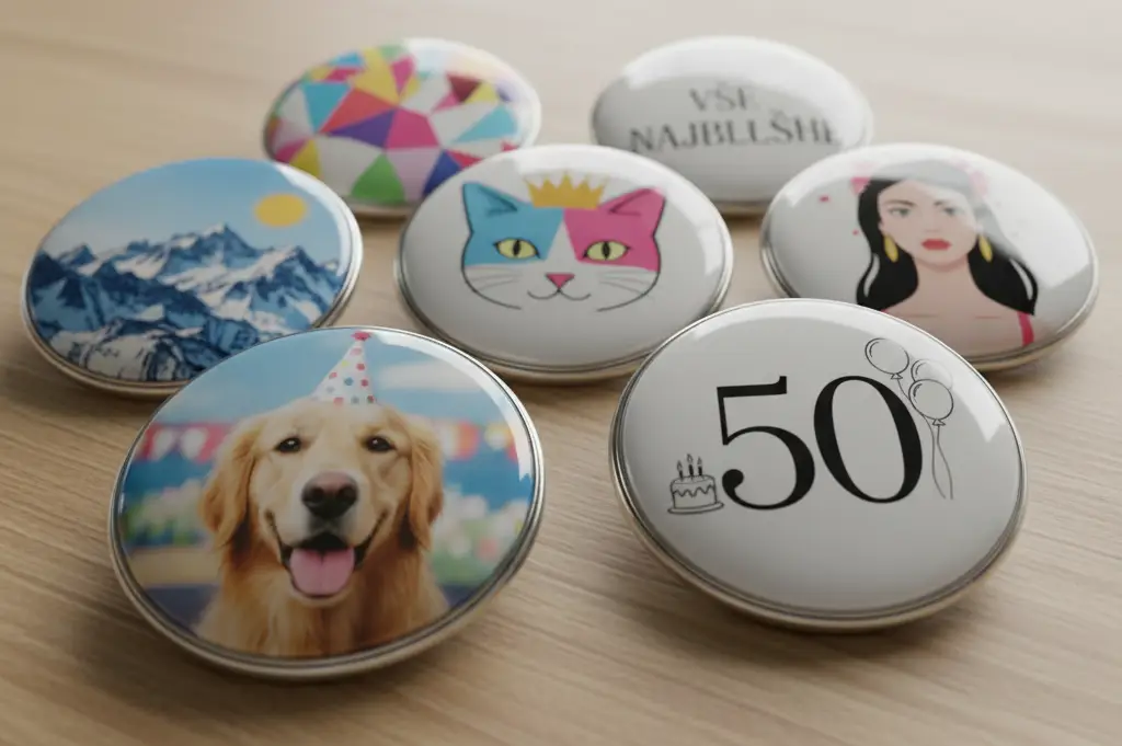 Kolaž različnih personaliziranih brošk in priponk