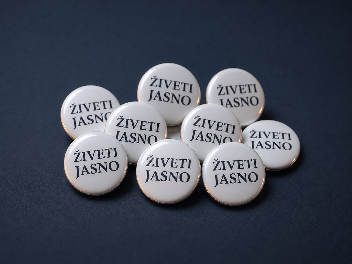 Bele broške z napisom Živeti jasno, studijska fotografija